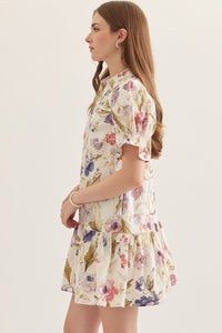 Floral Print Split Neck Mini Dress