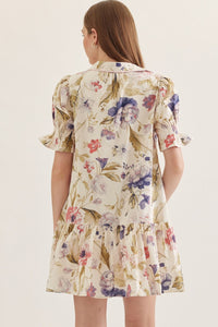 Floral Print Split Neck Mini Dress