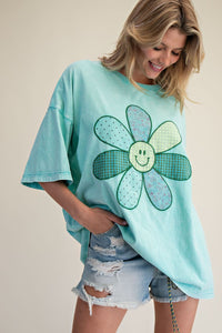 Floral Smiley Face Patch Washed Boxy Top