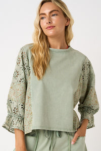 Eyelet Patchwork Ruffle Sleeve Top