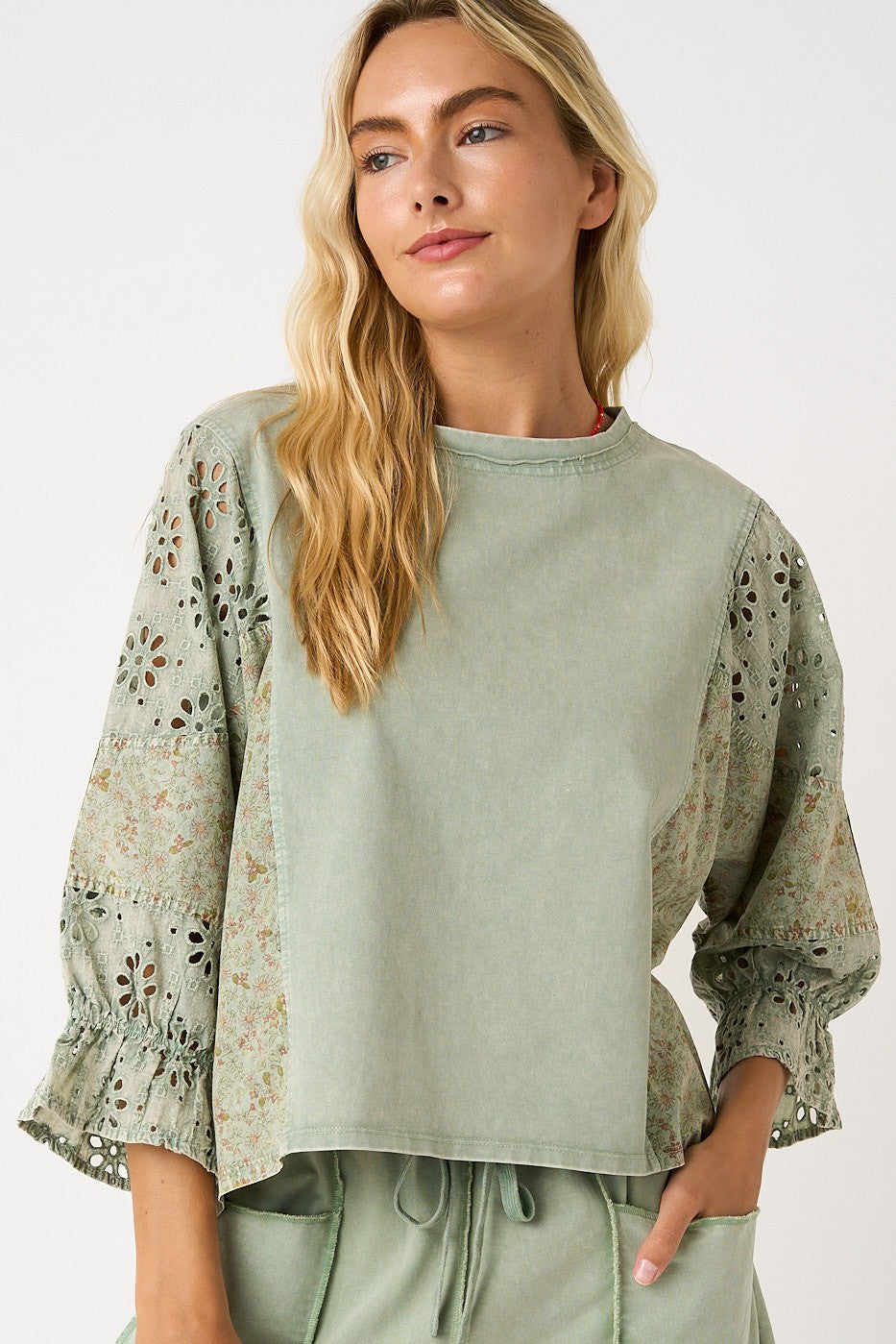 Eyelet Patchwork Ruffle Sleeve Top