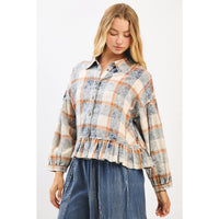 Washed Plaid Ruffle Hem Balloon Sleeve Shirt