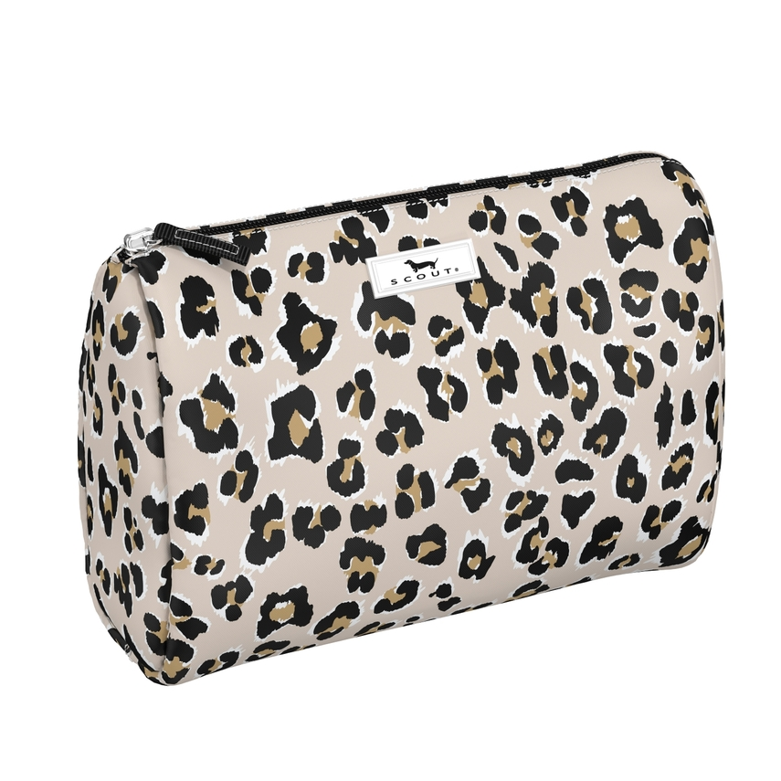 Leopard print pouch with a visible brand label on a white background