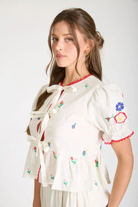 Embroidered Front Tie Puff Sleeve Scallop Trim Top