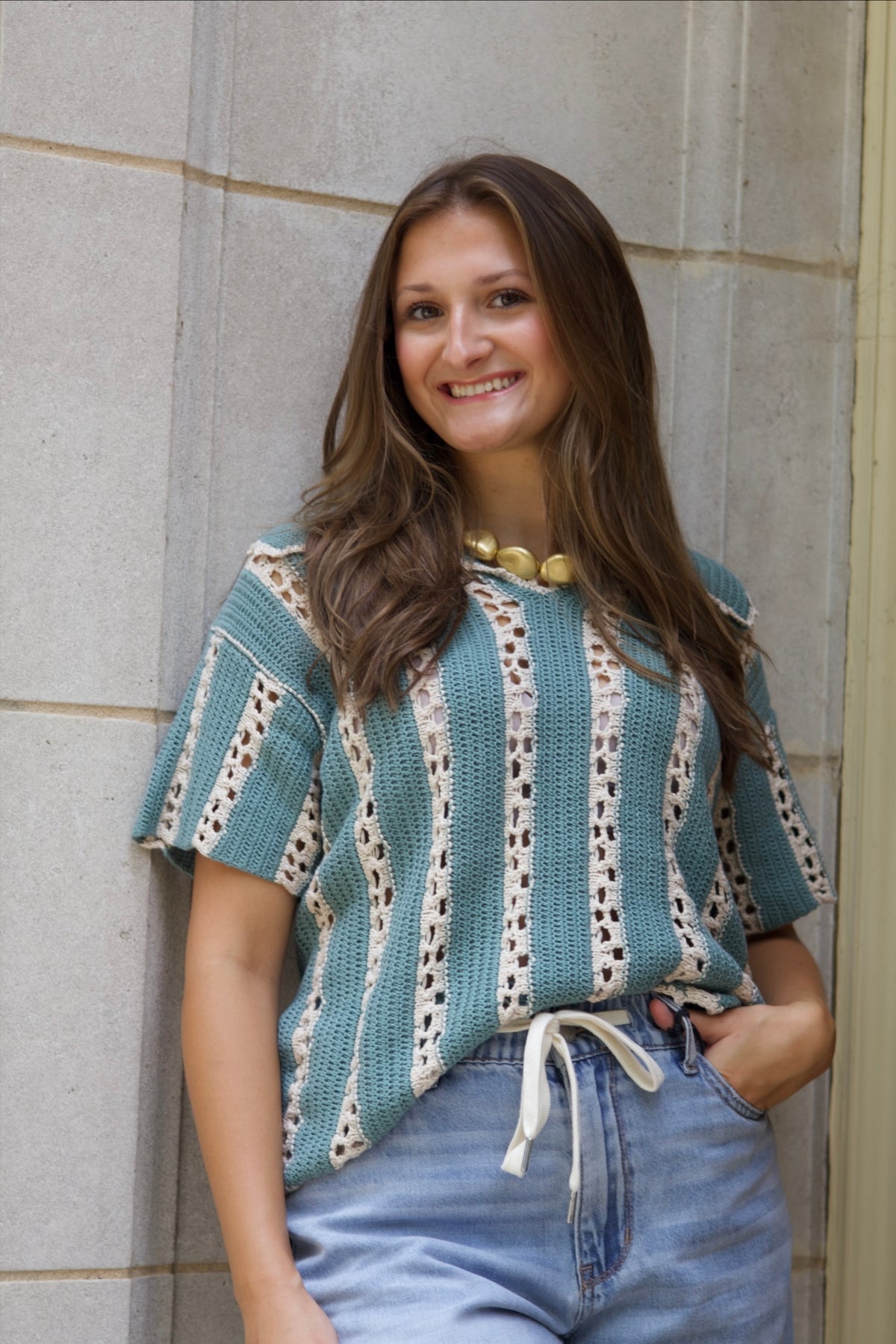 Charming Crochet Stripe Collared Top