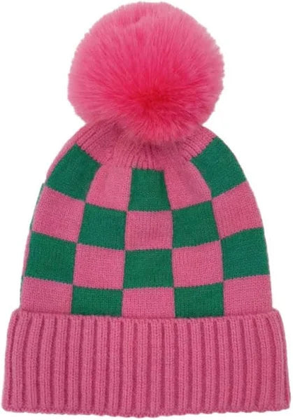 Green & Pink Beanies/winter hats/ pom pom beanies/ chevron/ checkered / winter