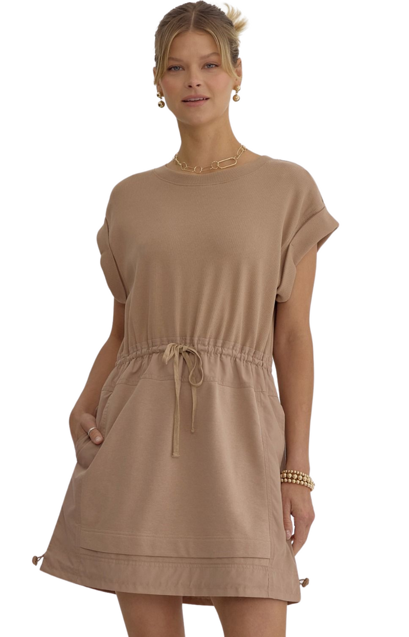 tan dress/ fall / tie waist/ simple dress